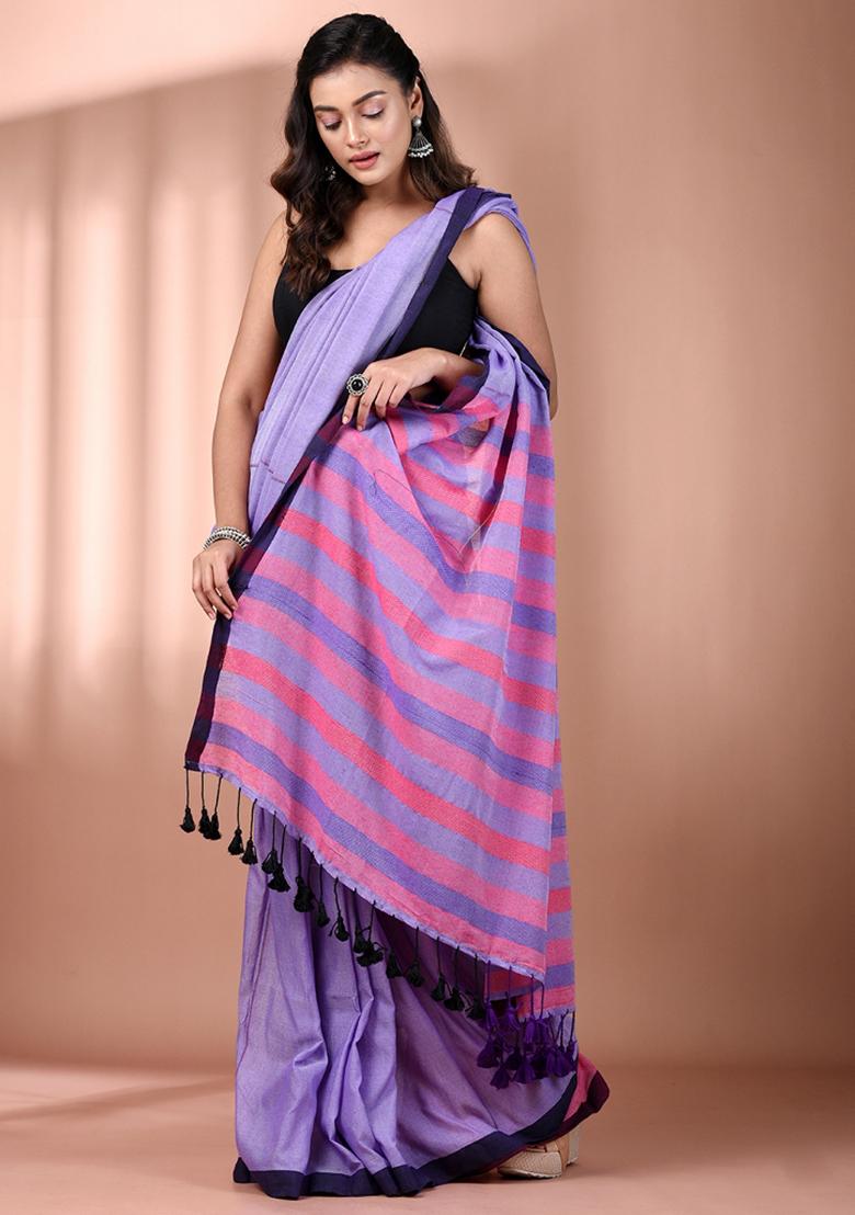 Lavender Floral Embroidery Cotton Saree Set - Indya