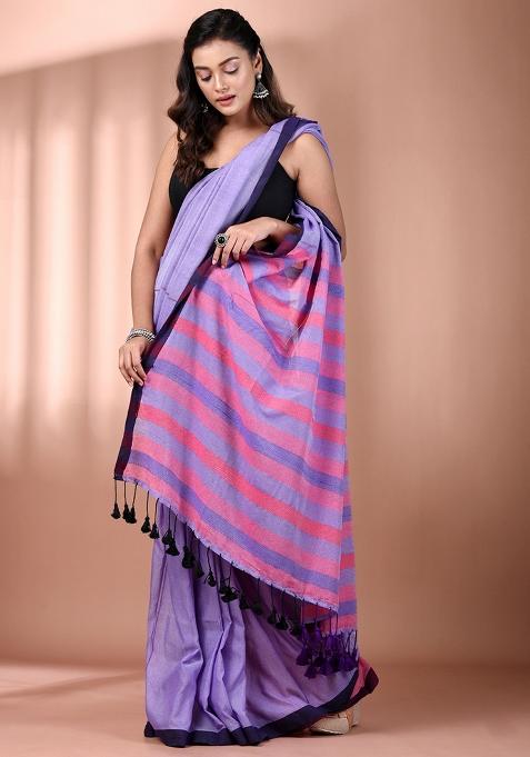 Lavender Floral Embroidery Cotton Saree Set
