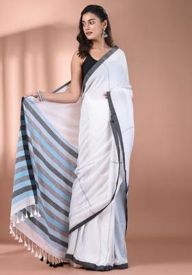 White Floral Embroidery Cotton Saree Set