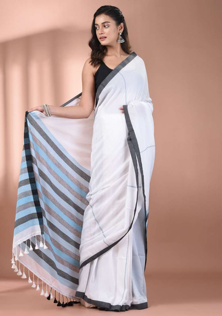 White Floral Cotton Saree Set with Embroidery for Diwali | Wedding & Festive Wear - Indya