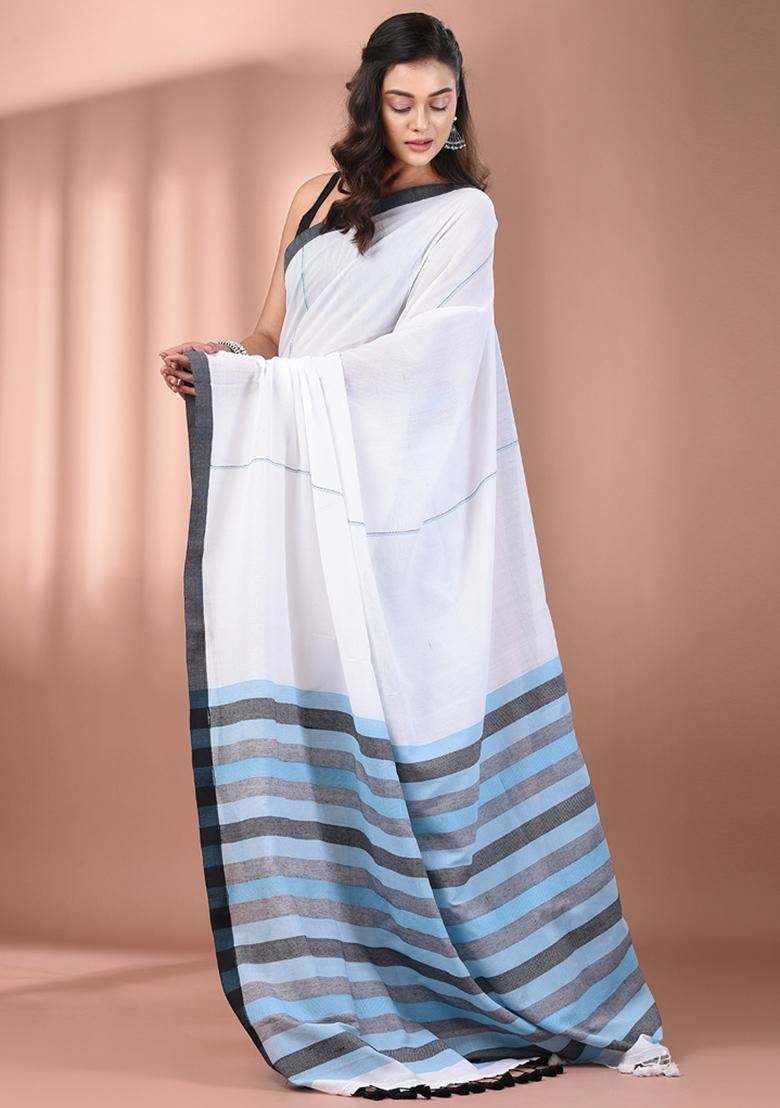 White Floral Embroidery Cotton Saree Set - Indya