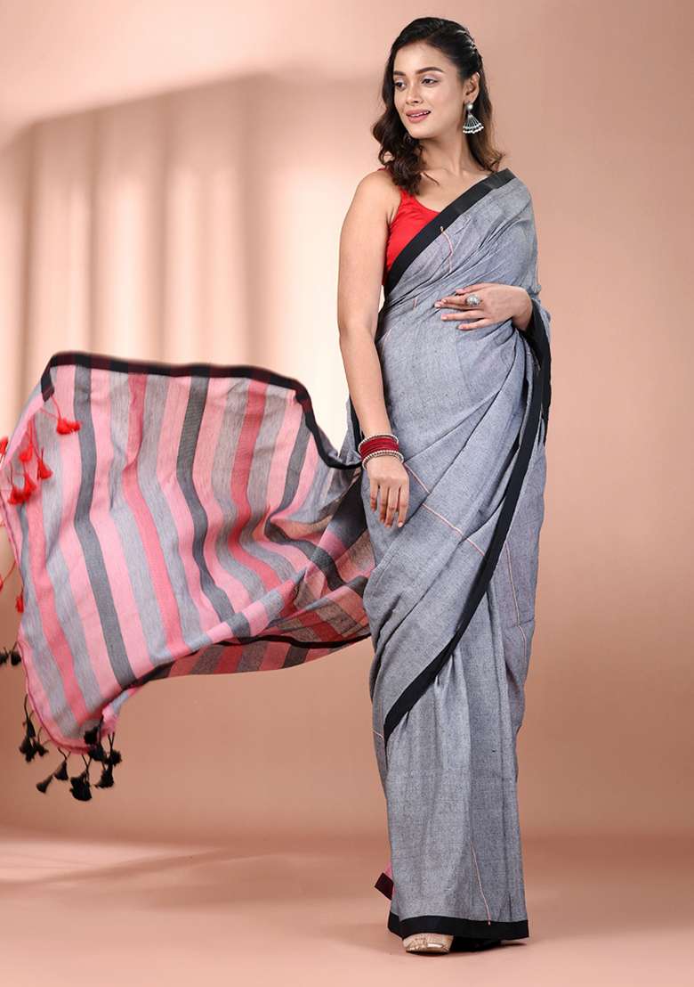 Grey Floral Cotton Saree Set with Embroidery for Diwali | Wedding & Festive Wear - Indya