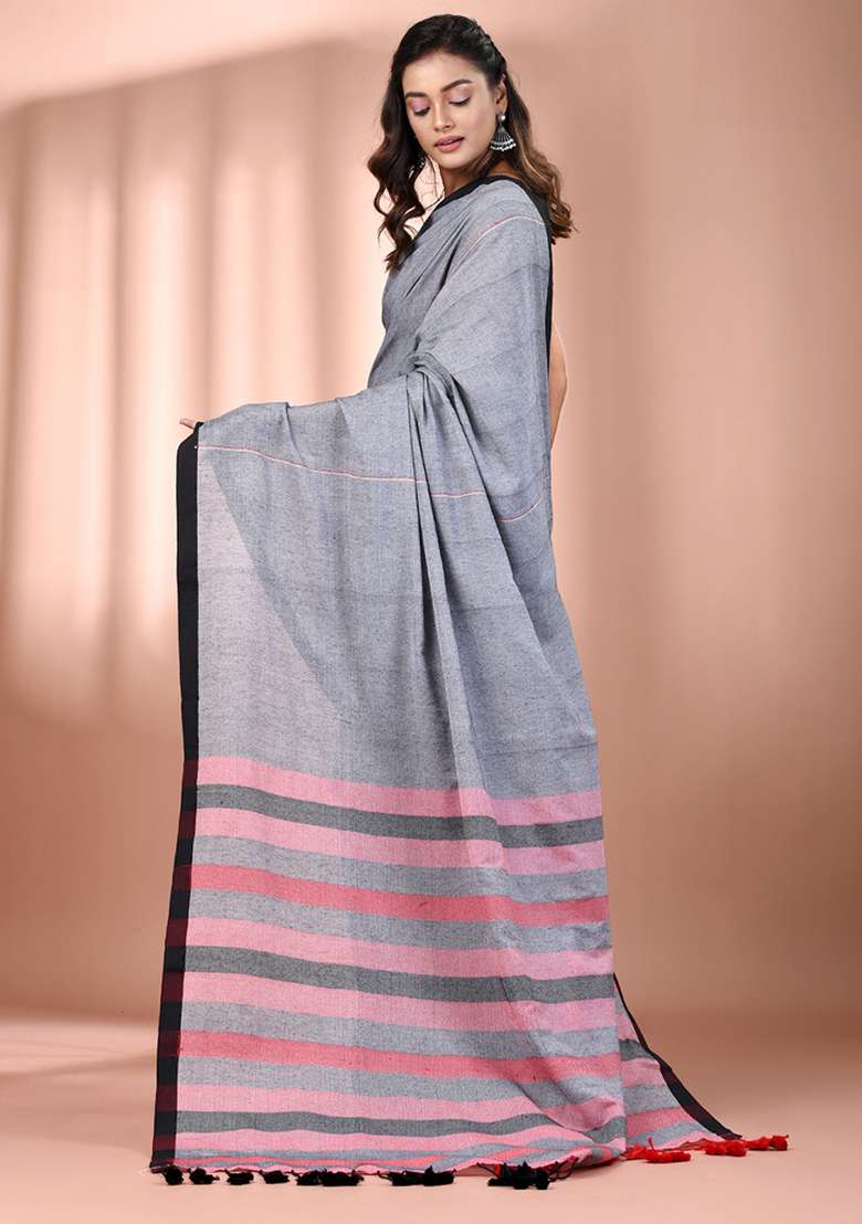 Grey Floral Cotton Saree Set with Embroidery for Diwali | Wedding & Festive Wear - Indya