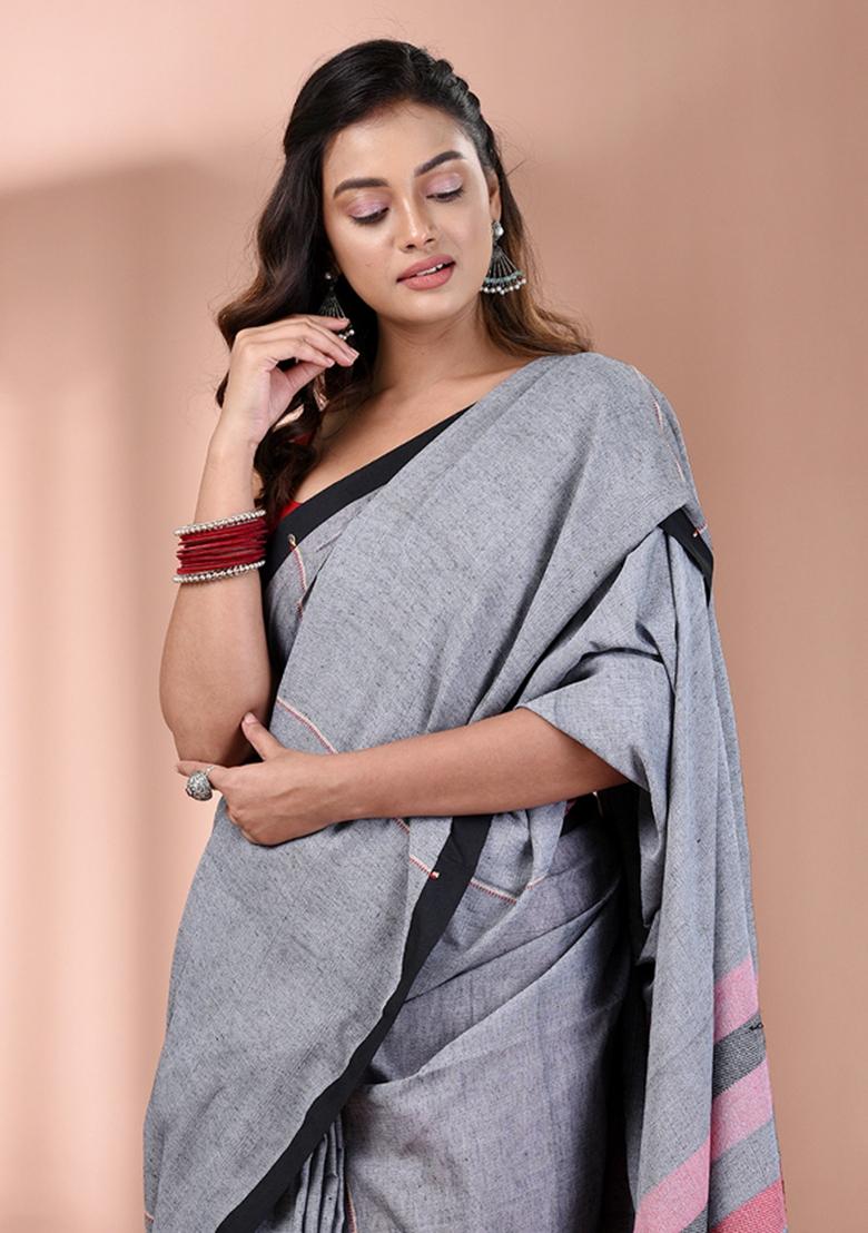 Grey Floral Embroidery Cotton Saree Set - Indya