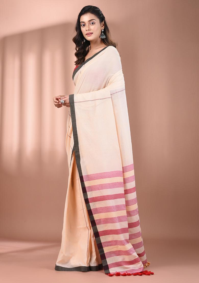 Cream Floral Embroidery Cotton Saree Set - Indya