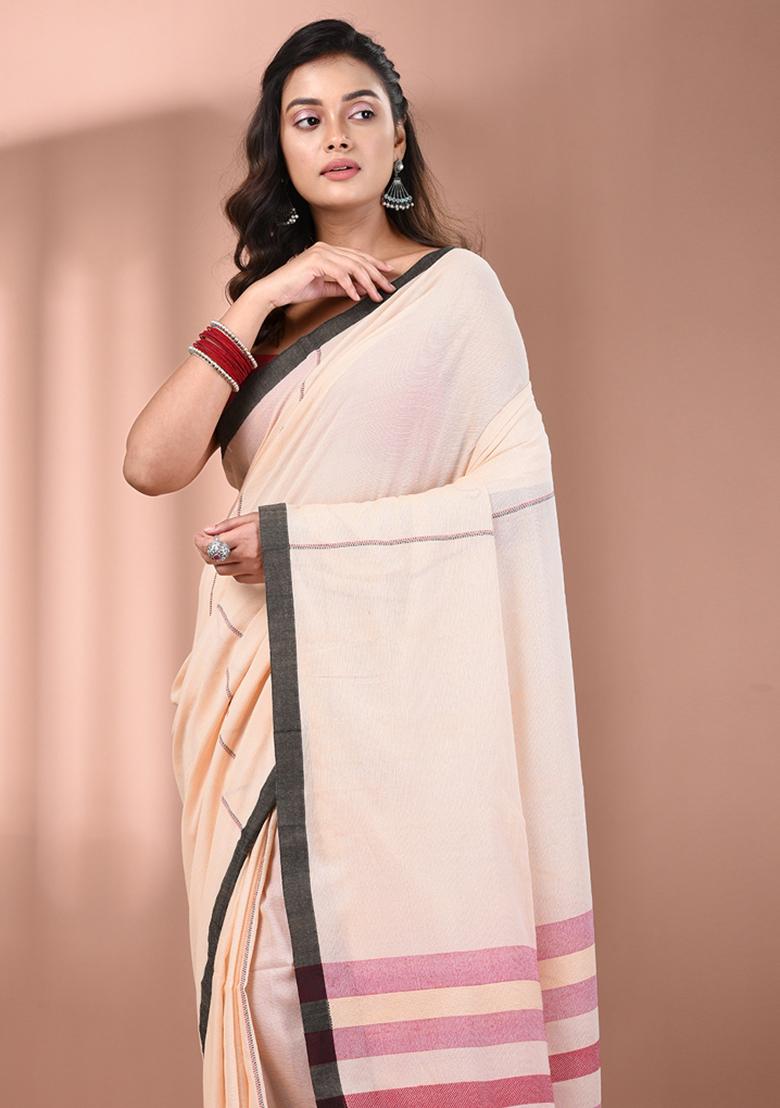 Cream Floral Embroidery Cotton Saree Set - Indya