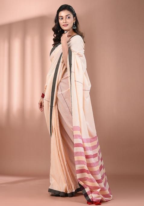 Cream Floral Embroidery Cotton Saree Set