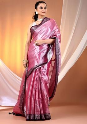 Pink Floral Embroidery Tissue Saree Set