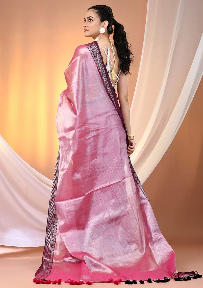 Pink Floral Tissue Saree Set with Embroidery for Diwali | Wedding & Festive Wear - Indya
