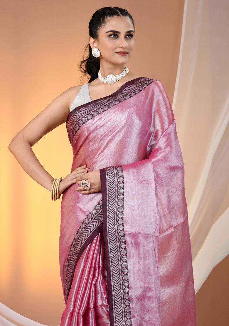 Pink Floral Embroidery Tissue Saree Set - Indya