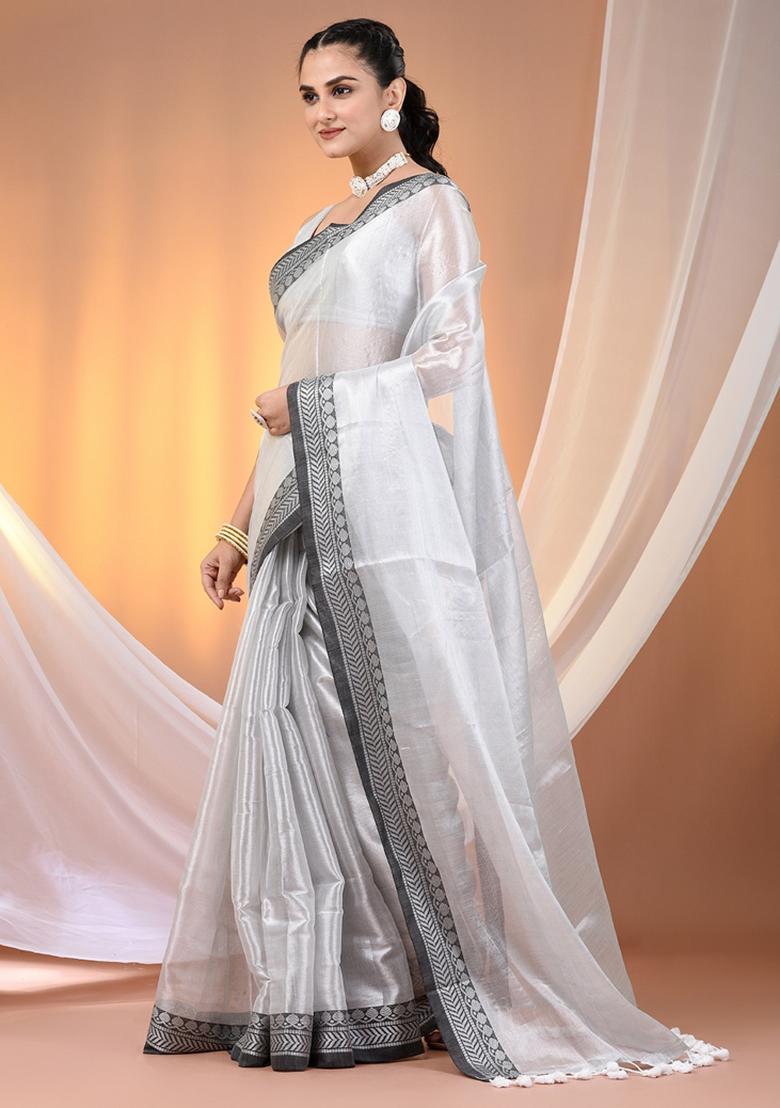 Silver Floral Embroidery Tissue Saree Set - Indya