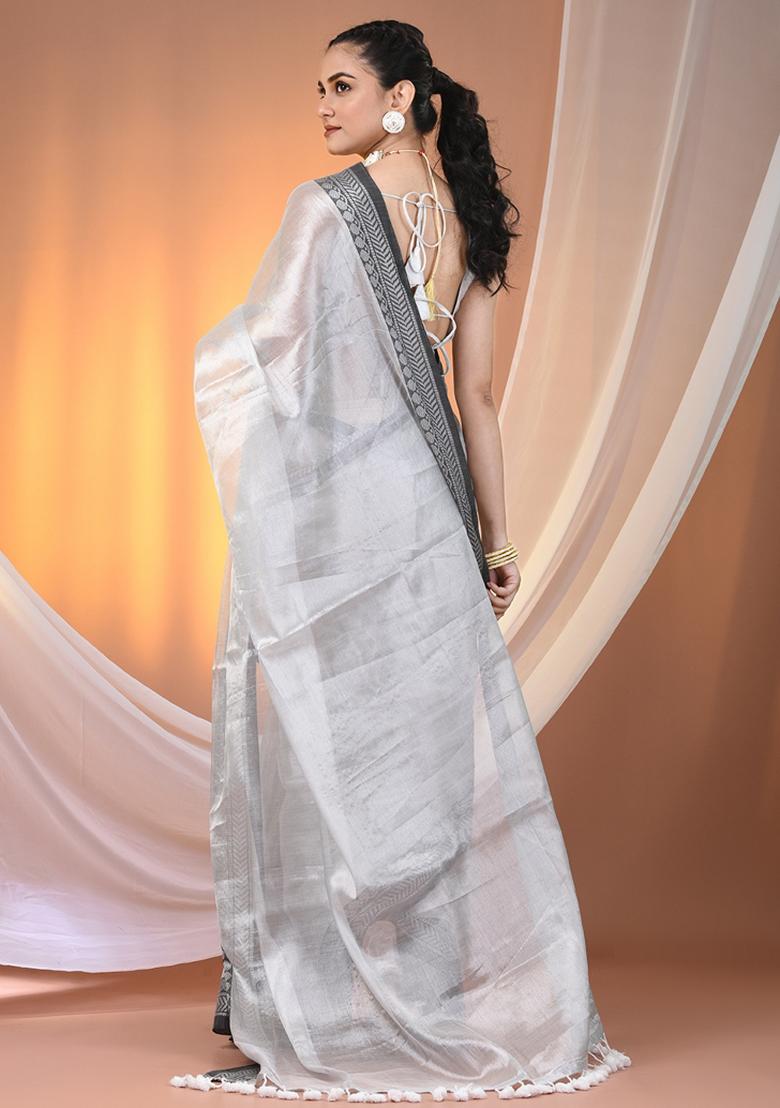 Silver Floral Embroidery Tissue Saree Set