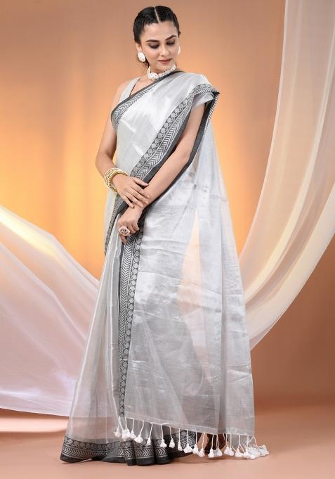 Silver Floral Embroidery Tissue Saree Set
