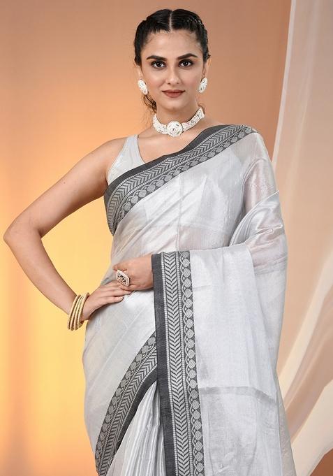 Silver Floral Embroidery Tissue Saree Set