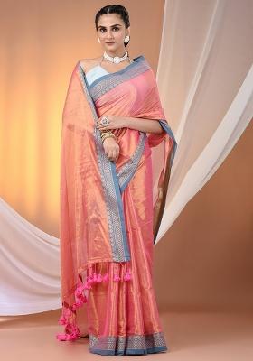 Peach Floral Embroidery Tissue Saree Set
