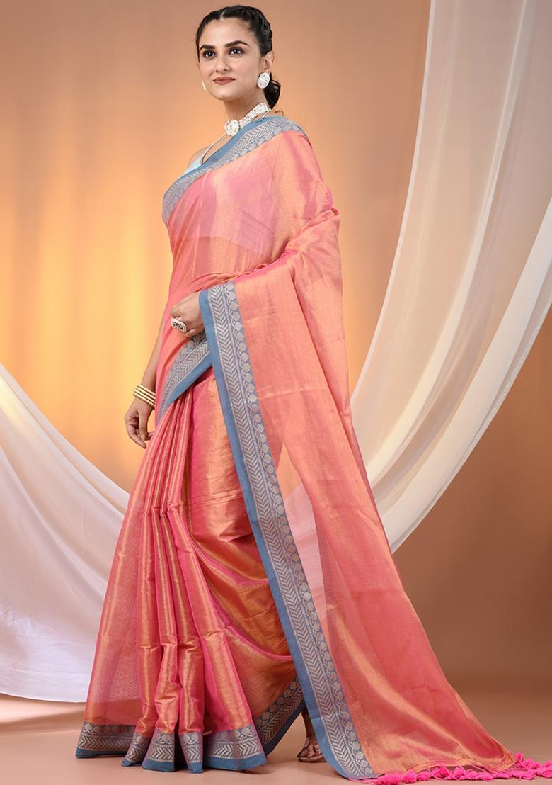 Peach Floral Embroidery Tissue Saree Set - Indya