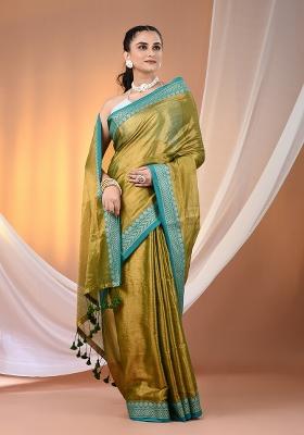 Sap Green Floral Embroidery Tissue Saree Set
