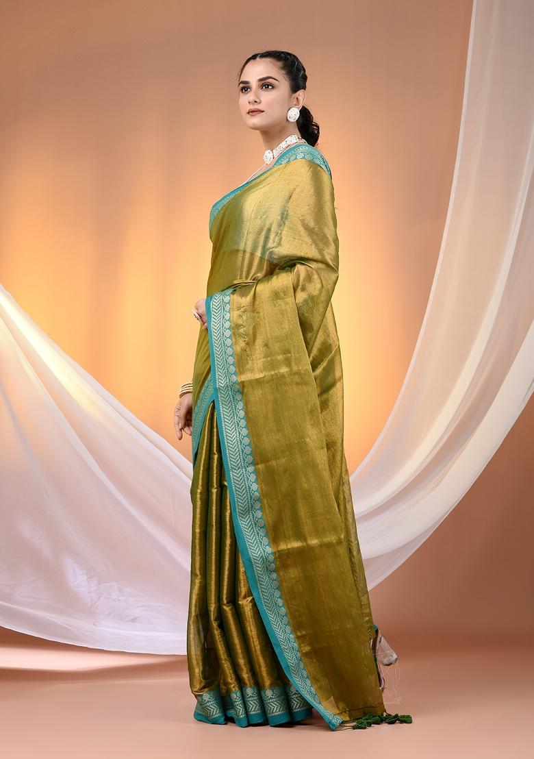 Sap Green Floral Embroidery Tissue Saree Set - Indya