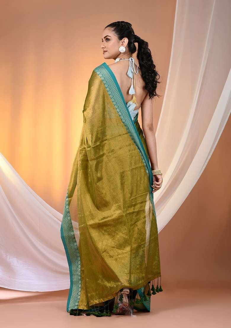 Sap Green Floral Tissue Saree Set with Embroidery for Diwali | Wedding & Festive Wear - Indya
