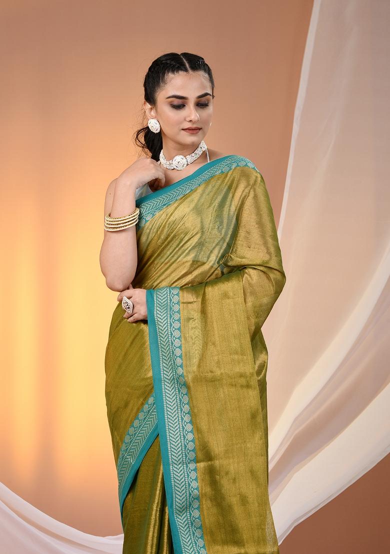 Sap Green Floral Embroidery Tissue Saree Set - Indya