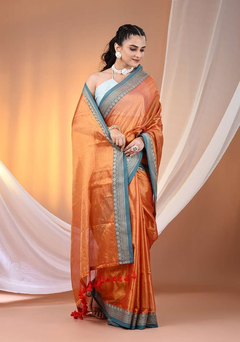 Orange Floral Tissue Saree Set with Embroidery for Diwali | Wedding & Festive Wear - Indya