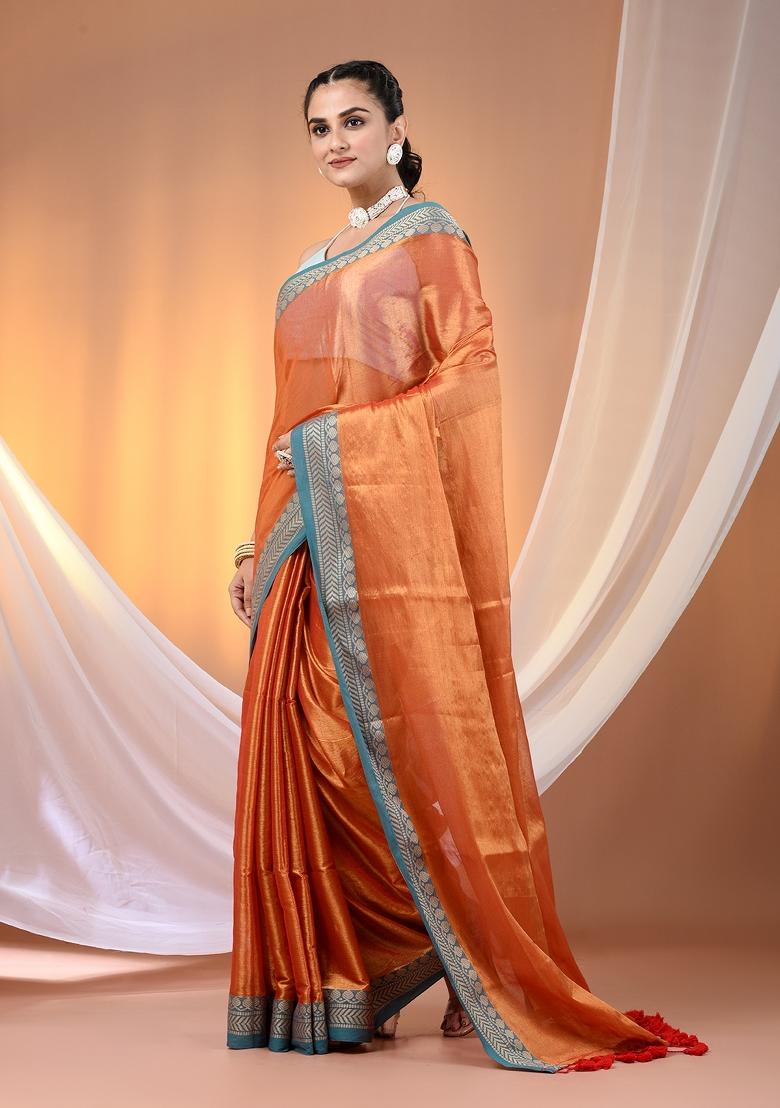 Orange Floral Embroidery Tissue Saree Set - Indya