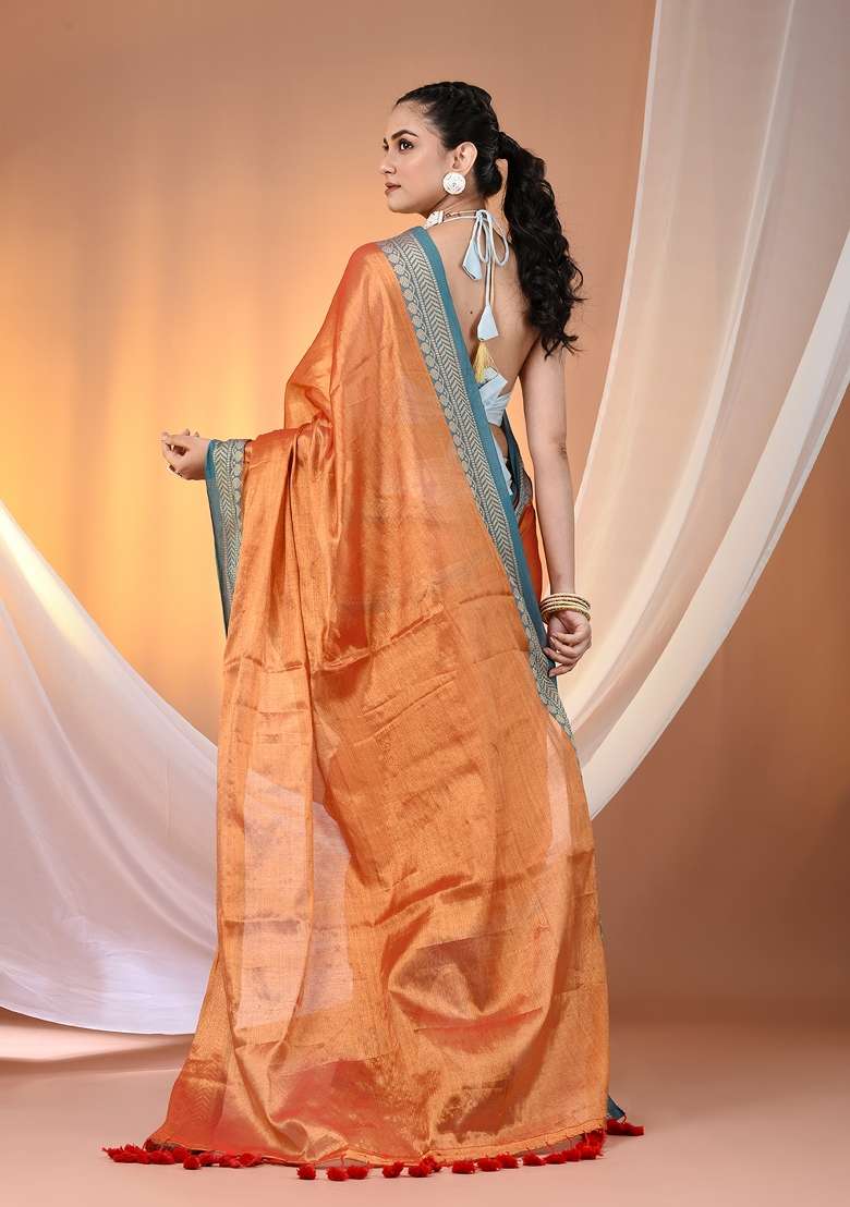 Orange Floral Tissue Saree Set with Embroidery for Diwali | Wedding & Festive Wear - Indya