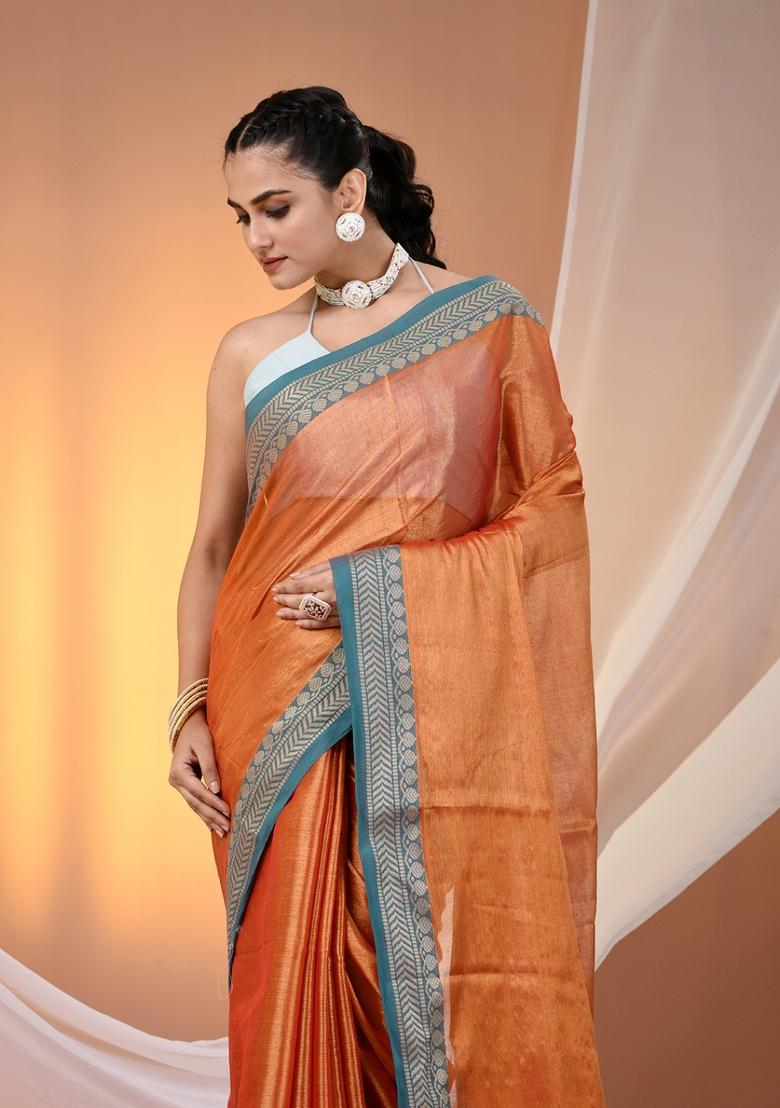 Orange Floral Embroidery Tissue Saree Set - Indya