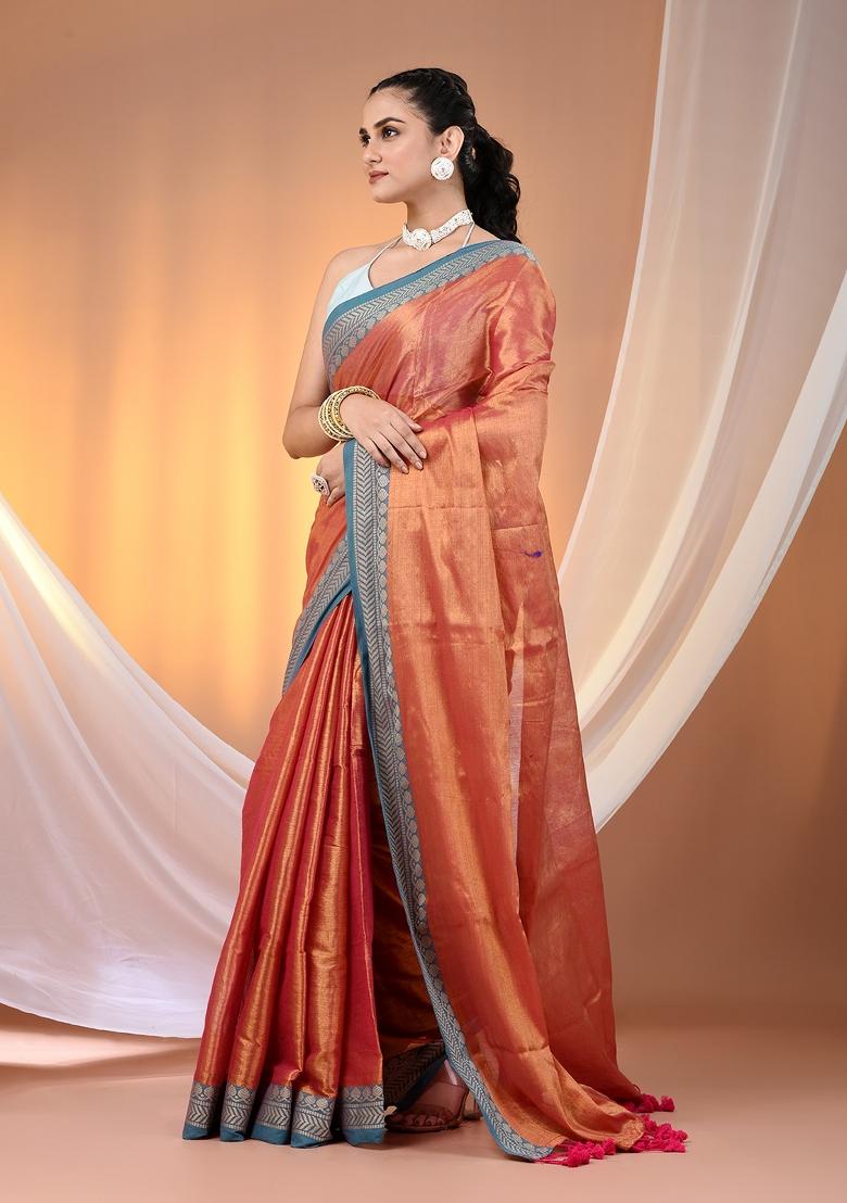 Red Floral Embroidery Tissue Saree Set - Indya