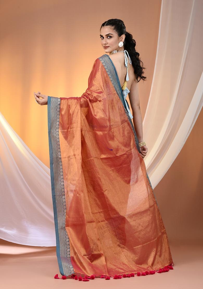 Red Floral Embroidery Tissue Saree Set