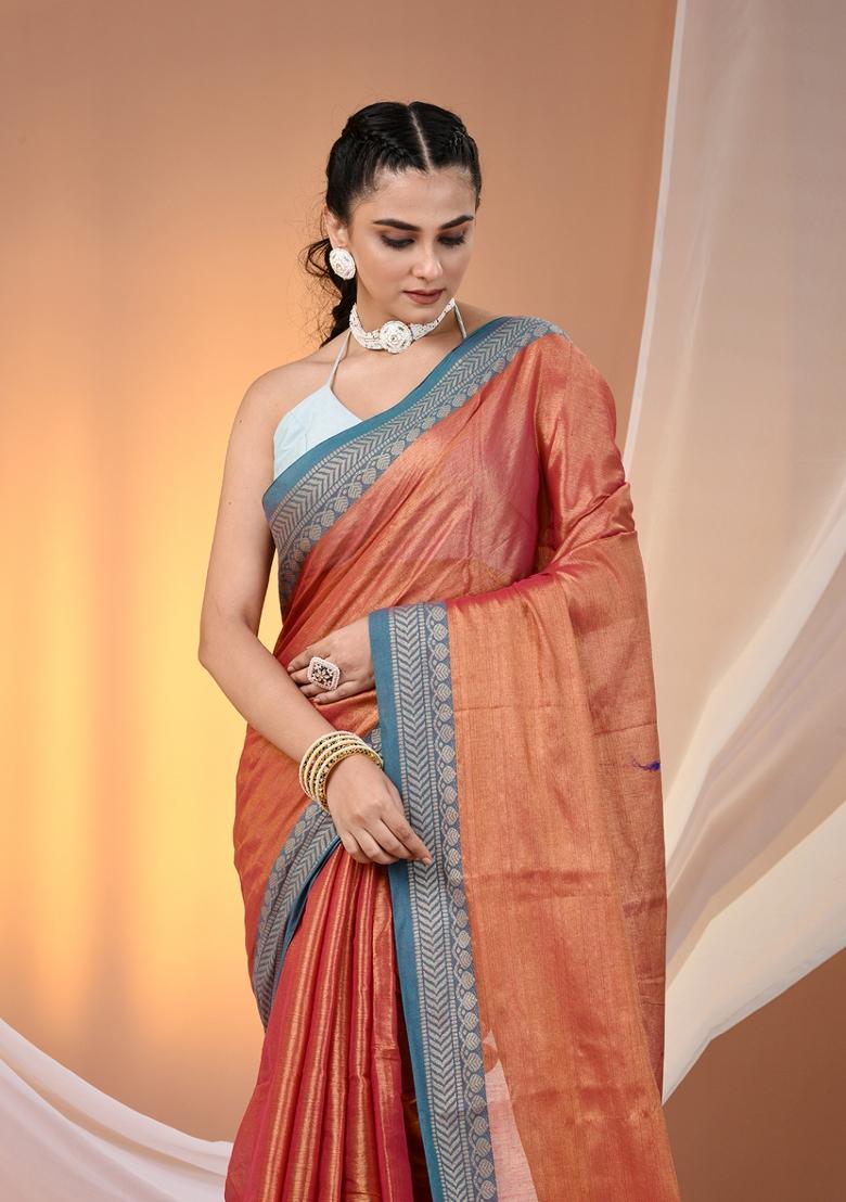 Red Floral Embroidery Tissue Saree Set - Indya