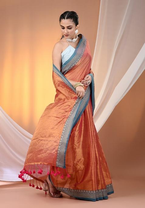 Red Floral Embroidery Tissue Saree Set