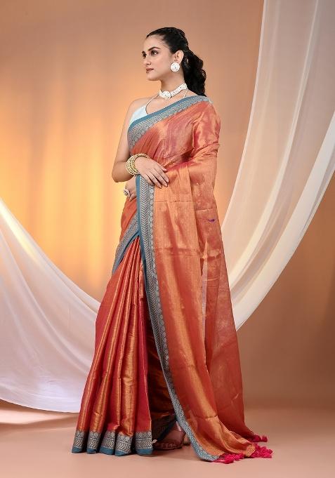 Red Floral Embroidery Tissue Saree Set