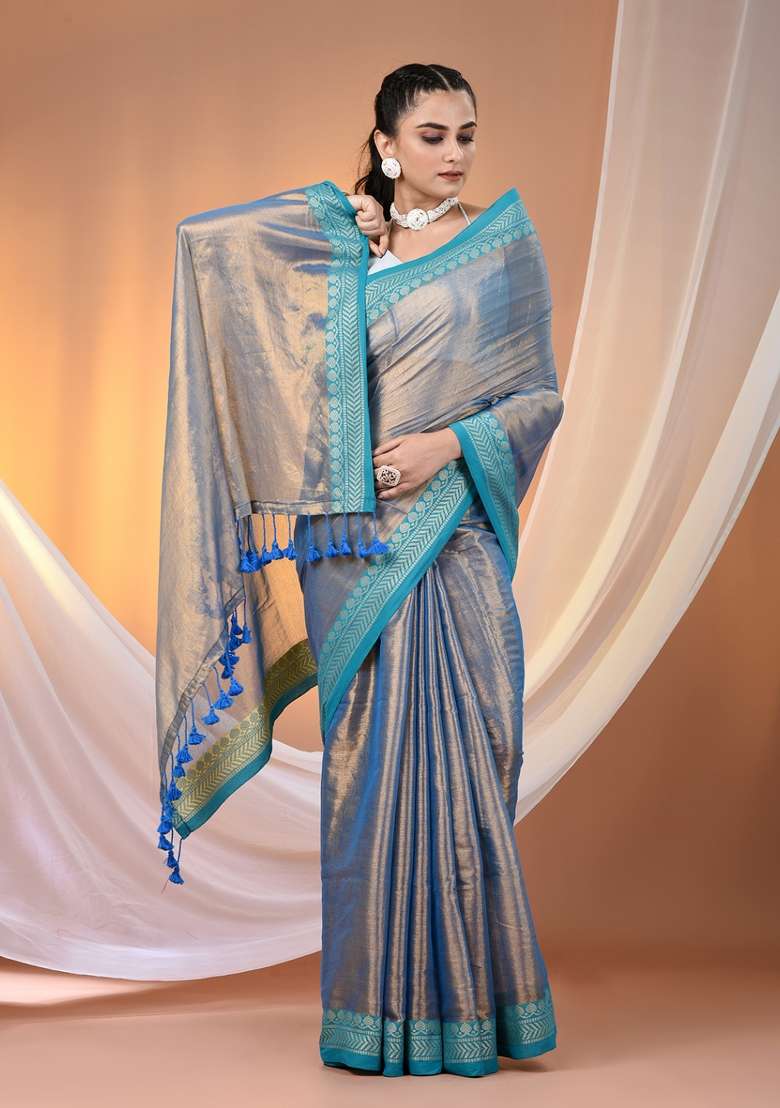 Blue Floral Embroidery Tissue Saree Set for Diwali and Festive Wear - Indya