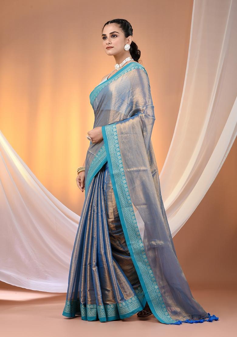Blue Floral Embroidery Tissue Saree Set - Indya