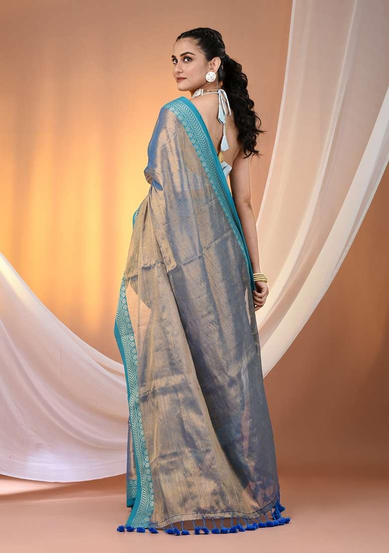 Blue Floral Embroidery Tissue Saree Set for Diwali and Festive Wear - Indya