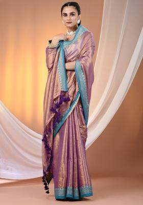 Violet Floral Embroidery Tissue Saree Set