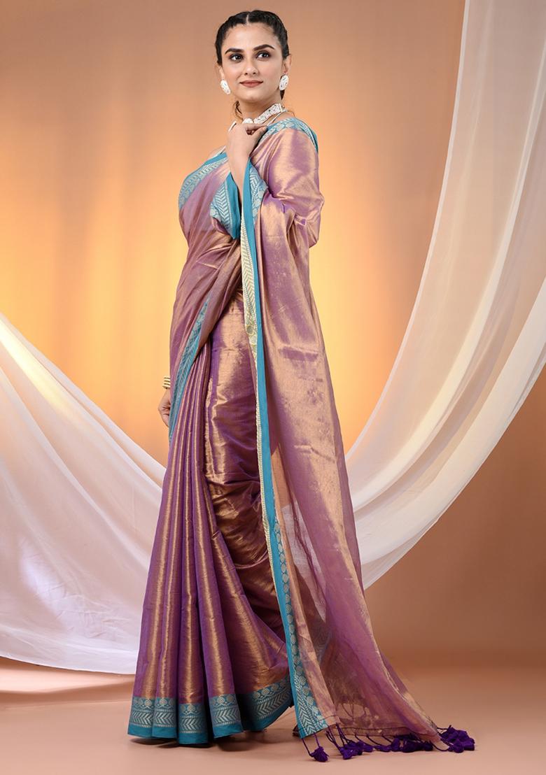 Violet Floral Embroidery Tissue Saree Set - Indya