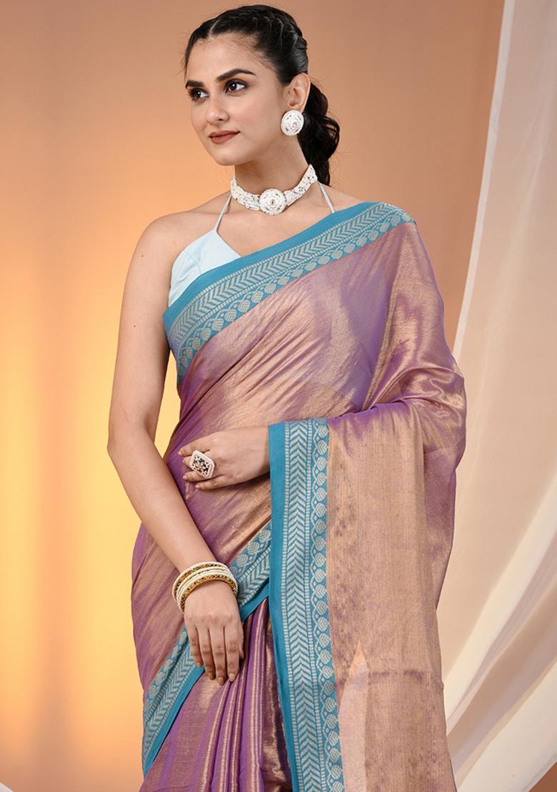 Violet Floral Embroidery Tissue Saree Set - Indya