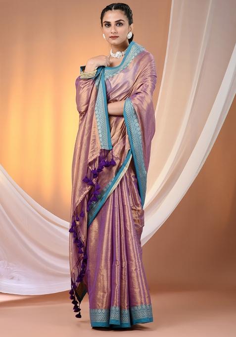 Violet Floral Embroidery Tissue Saree Set