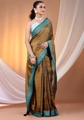 Copper Floral Embroidery Tissue Saree Set