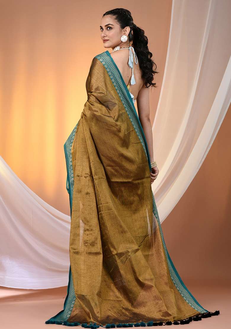 Copper Floral Embroidery Tissue Saree Set for Diwali and Festive Wear - Indya
