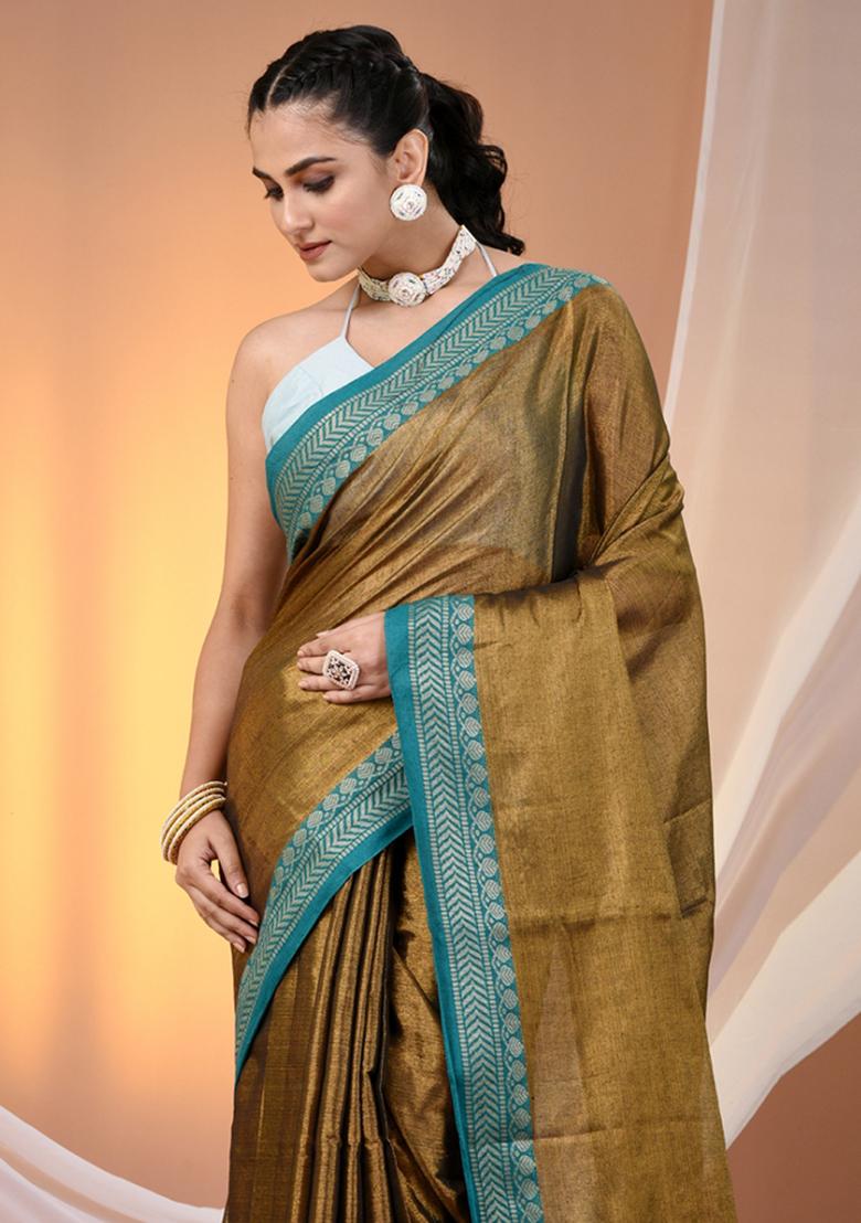 Copper Floral Embroidery Tissue Saree Set - Indya