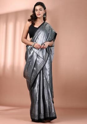 Silver Floral Embroidery Tissue Saree Set