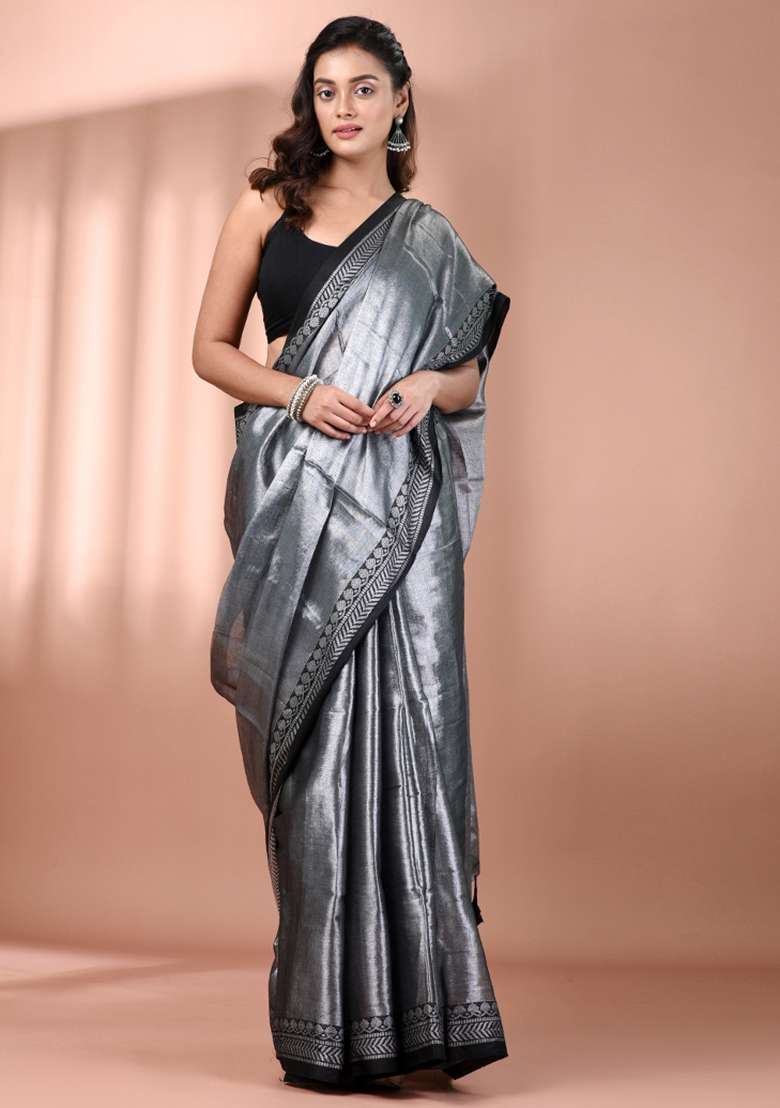 Silver Floral Embroidery Tissue Saree Set - Indya