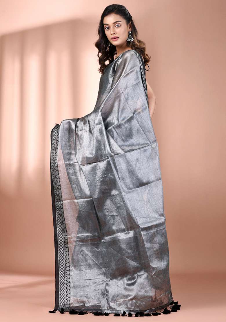 Silver Floral Embroidery Tissue Saree Set - Indya
