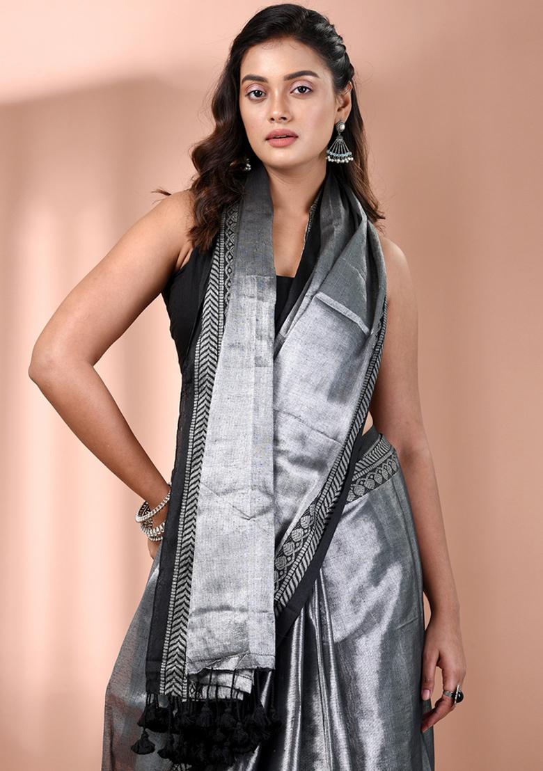 Silver Floral Embroidery Tissue Saree Set - Indya