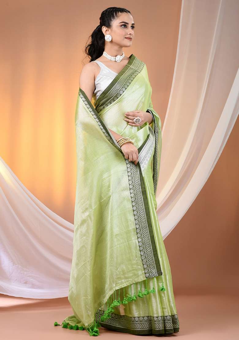 Light Green Floral Tissue Saree Set with Embroidery for Diwali | Wedding & Festive Wear - Indya