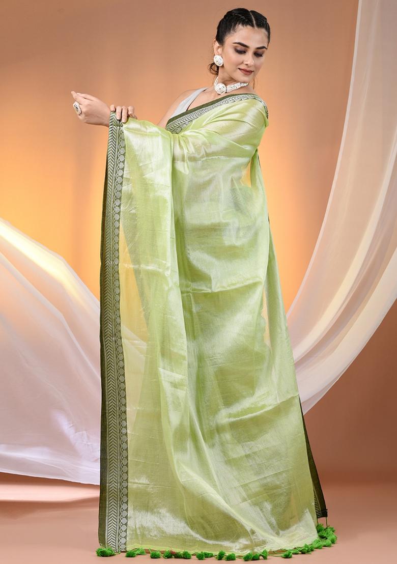 Light Green Floral Embroidery Tissue Saree Set - Indya