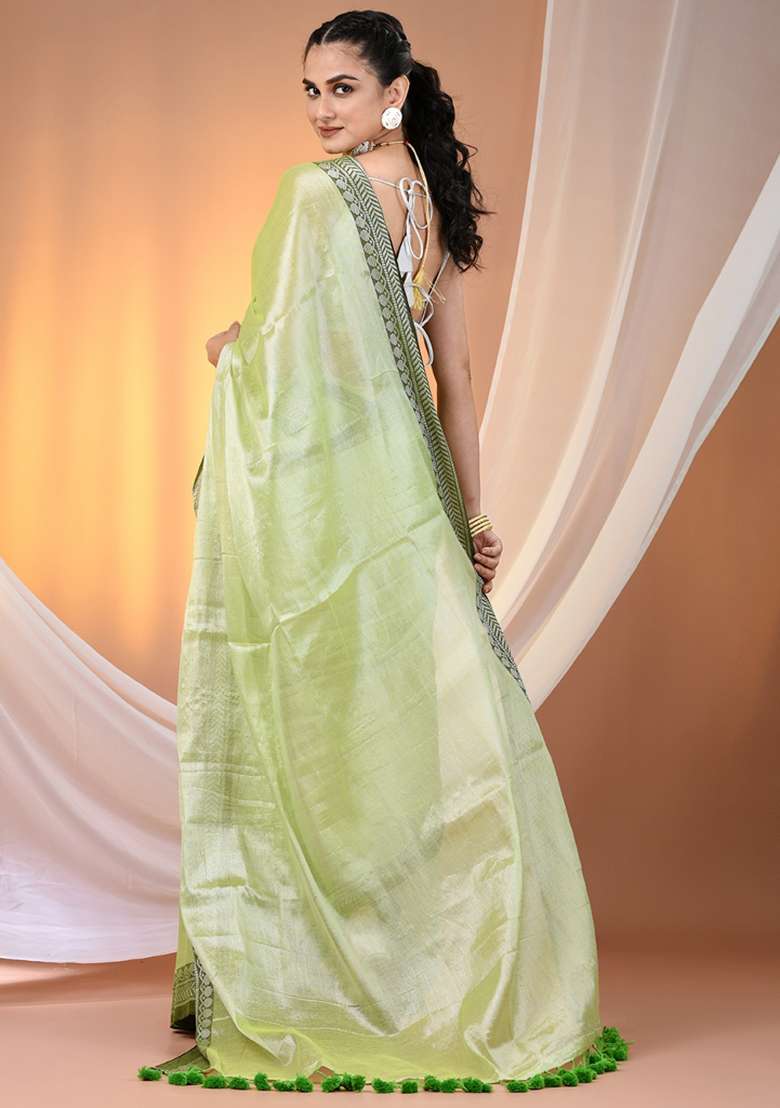Light Green Floral Tissue Saree Set with Embroidery for Diwali | Wedding & Festive Wear - Indya